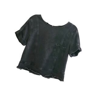 7‎ For All Mankind Denim Crop Top Women's Size XL Faded Black Raw Hem Zip Back